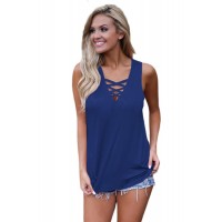 Navy Blue Crisscross V Neckline Women Tank Top