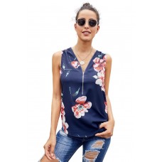 Blue Floral Sleeveless V Neck Zip Up Tank Top