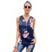 Blue Floral Sleeveless V Neck Zip Up Tank Top
