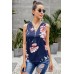 Blue Floral Sleeveless V Neck Zip Up Tank Top