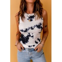 White Graffiti Print Crew Neck Ribbed Tank Top