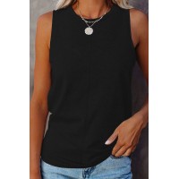 Black Solid Color Crewneck Sleeveless Top
