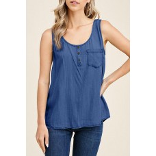 Blue Plain Denim Bust Pocket Tank Top