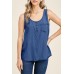 Blue Plain Denim Bust Pocket Tank Top