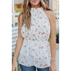 White Halter Neck Tie Waist Floral Tank