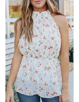White Halter Neck Tie Waist Floral Tank