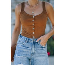 Brown Button-up Ribbed Knit Slim-fit Tank Top