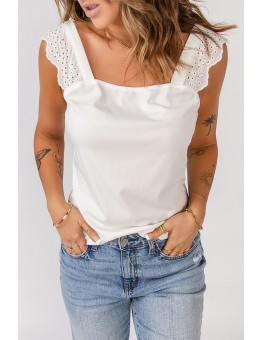 White Eyelet Ruffled Shoulder Rib Knit Vest