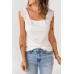 White Eyelet Ruffled Shoulder Rib Knit Vest