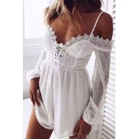 White Swiss Dot Lace Off Shoulder Long Sleeve Romper
