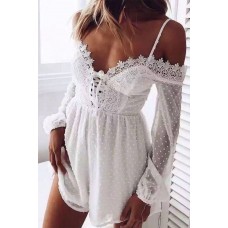 White Swiss Dot Lace Off Shoulder Long Sleeve Romper