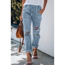 Drawstring High Waist Daisy Patches Straight Leg Jeans