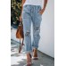 Drawstring High Waist Daisy Patches Straight Leg Jeans
