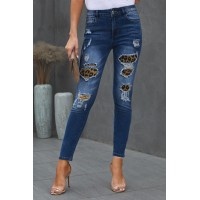 Patches Of Leopard Denim Distressed Jeans