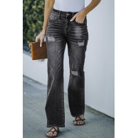 Black High Rise Washed Distressed Flare Jeans