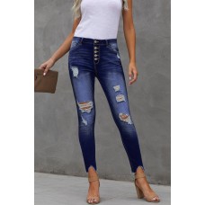 Blue High Rise Button Front Frayed Ankle Skinny Jeans
