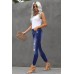Blue High Rise Button Front Frayed Ankle Skinny Jeans