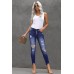 Blue High Rise Button Front Frayed Ankle Skinny Jeans
