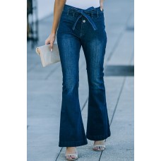 High Waist Bell Bottom Jeans with Attached Belt