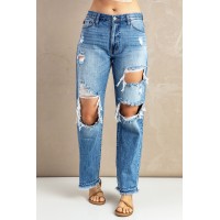 Sky Blue Distressed Holes Hollow-out Boyfriend Jeans
