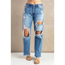 Sky Blue Distressed Holes Hollow-out Boyfriend Jeans