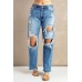 Sky Blue Distressed Holes Hollow-out Boyfriend Jeans