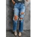 Sky Blue Distressed Holes Hollow-out Boyfriend Jeans