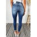 Blue Double Button Raw Hem Ankle Jeans