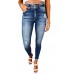 Blue Double Button Raw Hem Ankle Jeans