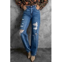 High Waist Distressed Straight Leg Jeans