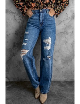 High Waist Distressed Straight Leg Jeans