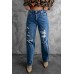High Waist Distressed Straight Leg Jeans