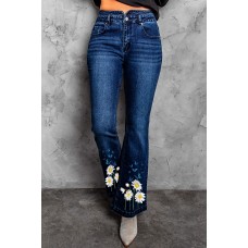 Blue Daisy Print High Waist Flare Jeans