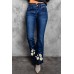 Blue Daisy Print High Waist Flare Jeans