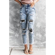 Daisy Patchwork Distressed Frayed Hem Skinny High Rise Jeans