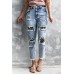 Daisy Patchwork Distressed Frayed Hem Skinny High Rise Jeans