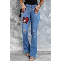 Plaid Hearts Print Ripped Button Front Flare Jeans