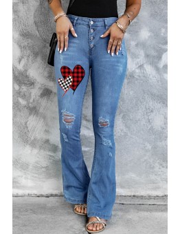 Plaid Hearts Print Ripped Button Front Flare Jeans
