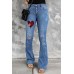 Plaid Hearts Print Ripped Button Front Flare Jeans