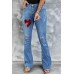 Plaid Hearts Print Ripped Button Front Flare Jeans