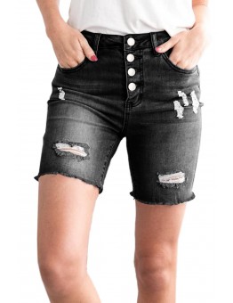 Black Button Front Distressed Shorts