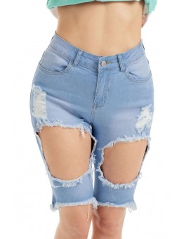 Denim Blue Distressed High Waist Bermuda Shorts