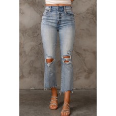 Sky Blue Light Wash Ripped Straight Leg High Waist Jeans