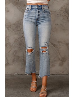 Sky Blue Light Wash Ripped Straight Leg High Waist Jeans