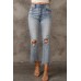 Sky Blue Light Wash Ripped Straight Leg High Waist Jeans