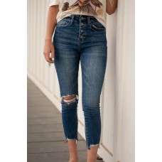 Blue Button Fly High Waist Ripped Skinny Fit Ankle Jeans