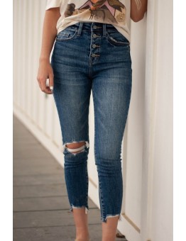 Blue Button Fly High Waist Ripped Skinny Fit Ankle Jeans