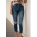 Blue Button Fly High Waist Ripped Skinny Fit Ankle Jeans