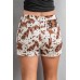 Brown Cow Print Denim Shorts with Pockets