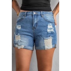Folded Hem Ripped High Waist Denim Shorts